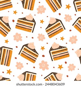 Cakes with flowers seamless pattern for holiday design. Simple hand drawn style. Vector illustration
