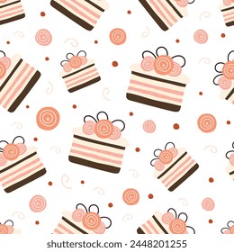 Cakes with flowers seamless pattern for holiday design. Simple hand drawn style. Vector illustration