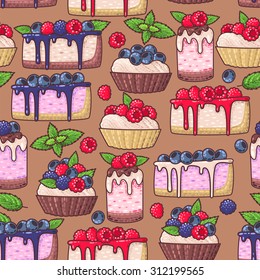 Cakes with fresh berries and peppermint seamless background