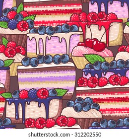 Cakes with fresh berries and peppermint seamless background