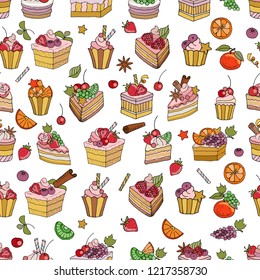 Cakes, fruit and berries. Seamless pattern, vector illustration.