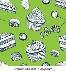 Cakes and fruit, coffee buns. Background seamless pattern. Can be used in your own way of design. Hand drawn elements. Pastry, strawberry, cherry, currant, bilberry, almond. Vector - stock.