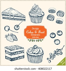 Cakes and fruit. Coffee buns. Hand drawn illustration. Pastry, strawberry, cherry, currant, bilberry, almond. All objects are separated and can be placed by your own way. Vector- stock.
