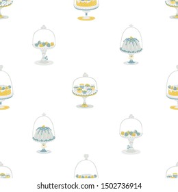Cakes and fruit pies under the glass dome. Vector seamless pattern in simple minimalism. Cartoon illustration of sweets in scandinavian style.