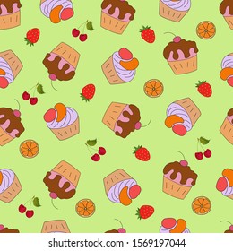 Cakes with fruits. Different cakes seamless pattern.