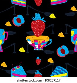 Cakes Futuristic Seamless Pattern with Coffee Cup, Strawberry and Peach