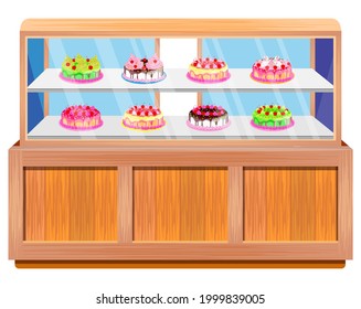 cakes in glass cabinet vector design