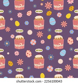 Cakes with glaze and Happy easter topping, flowers and eggs pattern. Vector seamless texture on violet background. Print for home textile, wrapping paper