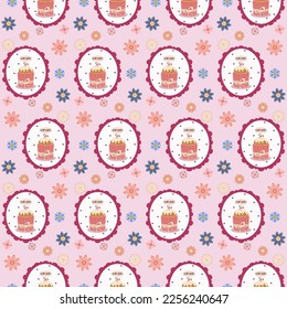 Cakes with glaze and Happy easter topping in oval frame pattern.Clipart on rose background. Easter decor.