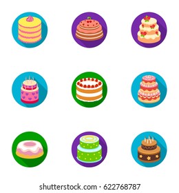 Cakes for the holidays. A set of different sweets. Beautifully decorated cakes and muffins.Cakes icon in set collection on flat style vector symbol stock illustration.