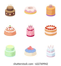 Cakes for the holidays. A set of different sweets. Beautifully decorated cakes and muffins. icon in set collection on cartoon style vector symbol stock illustration.