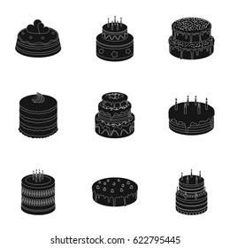Cakes for the holidays. A set of different sweets. Beautifully decorated cakes and muffins.Cakes icon in set collection on black style vector symbol stock illustration.