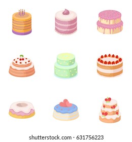 Cakes for the holidays. A set of different sweets. Beautifully decorated cakes and muffins.Cakes icon in set collection on cartoon style vector symbol stock illustration.