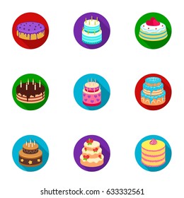 Cakes for the holidays. A set of different sweets. Beautifully decorated cakes and muffins.Cakes icon in set collection on flat style vector symbol stock illustration.
