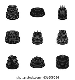 Cakes for the holidays. A set of different sweets. Beautifully decorated cakes and muffins.Cakes icon in set collection on black style vector symbol stock illustration.