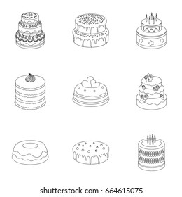 Cakes for the holidays. A set of different sweets. Beautifully decorated cakes and muffins.Cakes icon in set collection on outline style vector symbol stock illustration.