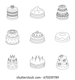 Cakes for the holidays. A set of different sweets. Beautifully decorated cakes and muffins.Cakes icon in set collection on outline style vector symbol stock illustration.