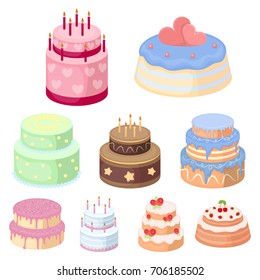 Cakes for the holidays. A set of different sweets. Beautifully decorated cakes and muffins.Cakes icon in set collection on cartoon style vector symbol stock illustration.