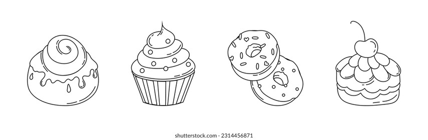 Cakes Ice cream Desserts Set of drawings Vector black and white illustration Isolated on a white background