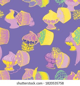 Cakes, ice cream, muffins, fruits. Seamless vector pattern. A repeating background of different desserts.