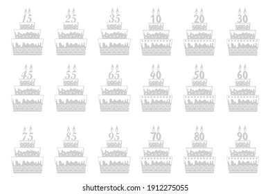 Cakes icons collection. Set of numbers in the form of party candles. Birthday cakes collection. Set  grey cakes on white background. Vector illustration