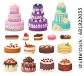Cakes icons collection. Vector illustration of different types of beautiful modern cakes, such as chocolate cake, Napoleon cake, tiramisu, Sacher, eclair and cheesecake. Isolated on white.