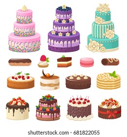 Cakes icons collection. Vector illustration of different types of beautiful modern cakes, such as chocolate cake, Napoleon cake, tiramisu, Sacher, eclair and cheesecake. Isolated on white. - Shutterstock ID 681822055