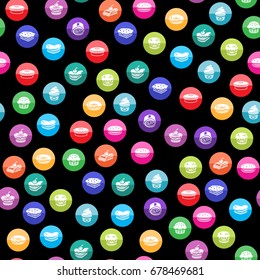 Cakes icons in color circles. Seamless pattern. Background vector illustration.