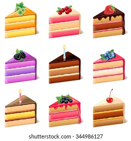 Cakes icons detailed photo realistic vector set