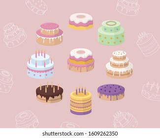 Cakes Icons set - Vector color symbols and outline of sweet dessert, pastry, chocolate and cupcake for the site or interface