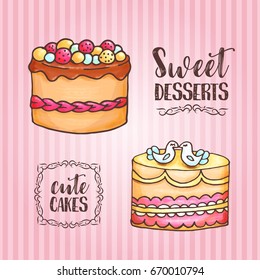 Cakes illustration. Pastry and bakery background. Vector design for baker shop, cafe.