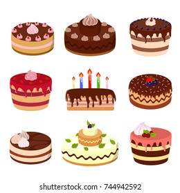 Cakes illustrations set. Birthday or holidays cakes with candles and decoration.