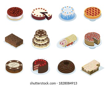 Cakes überlagerten Puff-Patissiers Set. Schokolade, Waffeln, Obsttateau, eisgefärbte Rollen, mit Beeren garniert, gepeitschte cremefarbene Blumen, Sprinklen. Dessert Vektorisometrie-Sammlung.