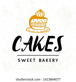 Cakes logotype template, sweet bakery badge label with hand drawn doodle elements. Elegant logo emblem, vintage retro style small business sign