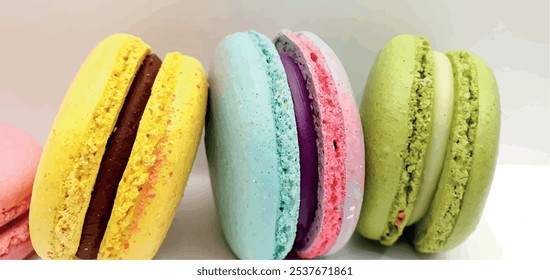 Fondo de Vector de macarrones de pasteles. Galletas y macarrones. Pasteles sabrosos brillantes. Pasteles multicolores y galletas. Dulce fondo.