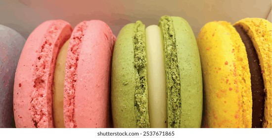 Fondo de Vector de macarrones de pasteles. Galletas y macarrones. Pasteles sabrosos brillantes. Pasteles multicolores y galletas. Dulce fondo.