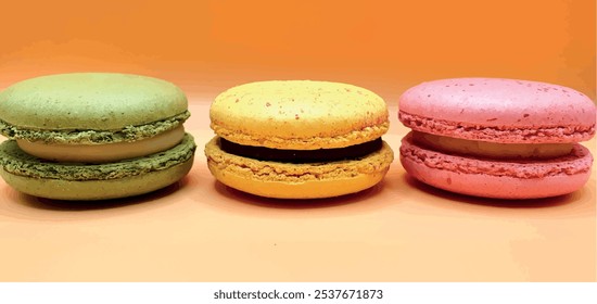 Fondo de Vector de macarrones de pasteles. Galletas y macarrones. Pasteles sabrosos brillantes. Pasteles multicolores y galletas. Dulce fondo.