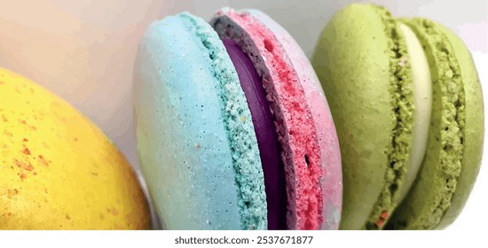 Fondo de Vector de macarrones de pasteles. Galletas y macarrones. Pasteles sabrosos brillantes. Pasteles multicolores y galletas. Dulce fondo.