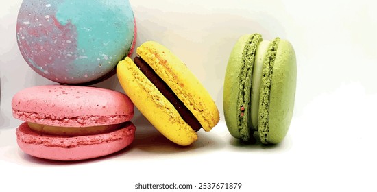 Cakes macaroons vector background. Cookies macaroons. Bright tasty cakes. Multicolored cakes and cookies. Sweet background.