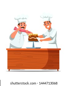 Cakes making process flat vector illustration. Cheerful professional confectioners in uniform cartoon characters. Confectionery, bakery kitchen. Happy cooks decorating delicious dessert with cream