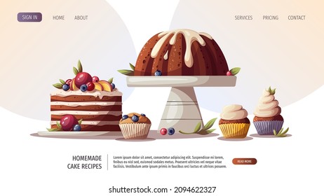 Cakes, muffin, cupcakes. Baking, bakery shop, cooking, sweet products, dessert, pastry concept. Vector illustration for poster, banner, website, advertising.