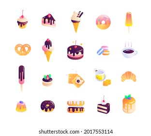 Cakes and muffins, croissant and donuts. Collection of various sweets, icons of desserts