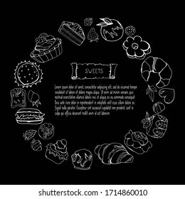 Cakes, muffins, cupcakes, strawberries on a black background. Cafe menu design. Confectionery in black and white. Vector illustration with sweets. Doodle style. Page for cafes and restaurants.