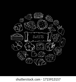 Cakes, muffins, cupcakes, strawberries on a black background. Cafe menu design. Confectionery in black and white. Vector illustration with sweets. Doodle style. Page for cafes and restaurants.