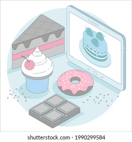 Cakes, muffins and ginger bread for dessert. Baking brownie, cookie, pancake for pastry shops. Biscuits with icing on the cake. Chocolate bars, donuts and teacake with coffee to make delicious menu. 