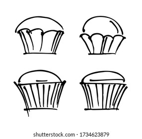 Cakes and muffins hand-drawn sketch black line on white background