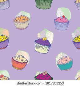 Pasteles, muffins, pasteles. Patrón vectorial sin cable. Un telón de fondo repitiendo diferentes postres.