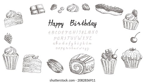 Kuchen, Muffins, Süßigkeiten. Vektorgrafik von süßem Gebäck, Skizze. Geburtstagsschreiben.