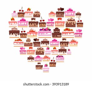 Cakes and pastries, colored, in the shape of a heart. Vector image on a white background. Pastries and sweets. Color flat illustration. 