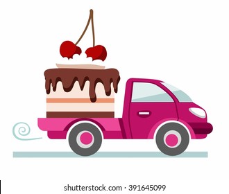 Cakes, pastries, delivery, coloured picture. Pink car carries the cake with cherries. Production and delivery of cakes. Color flat illustration on white background. Vector. 